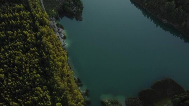 forest lake at sunset top view 60 fps