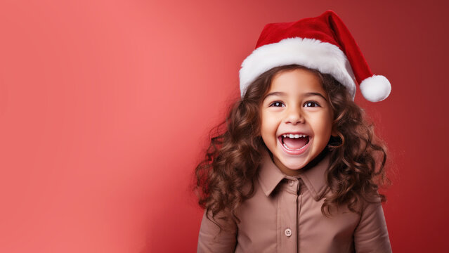 Latin girl smile in santa claus red hat, Christmas background design