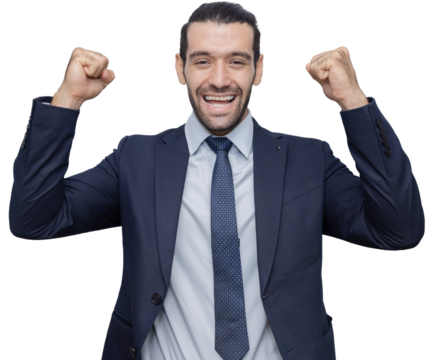 Caucasian businessman raise his fist up for winning gesture