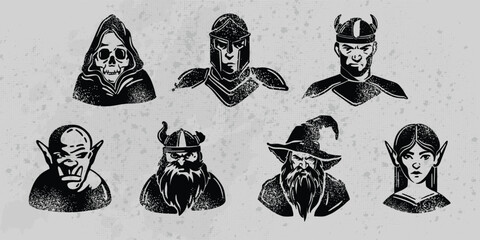Fantasy character silhouette game avatar, vector medieval RPG role classes icon set, magic wizard. Female elf face, warrior knight fighter, troll, viking head, fairy tale orc, death. Fantasy character © Oleksandra
