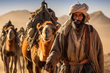Berber man in traditional clothes walking in front of camels in a desert