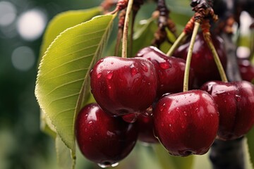 Fresh cherries hanging on branch, AI Generated