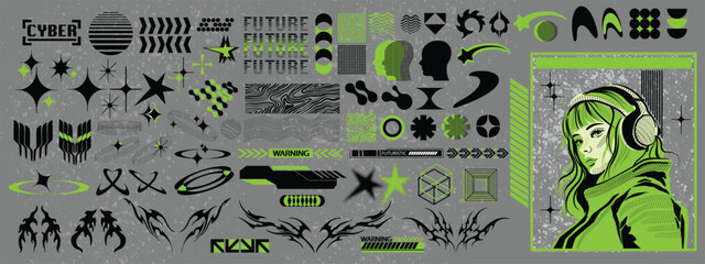 Cyberpunk grid icon element kit, vector abstract retro y2k shapes set, Japanese sci-fi girl face. Retro futuristic design forms, modern cyber geometric acid symbols. Technology groovy cyberpunk shapes © Oleksandra