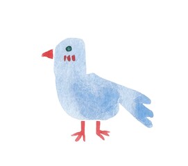 Hand drawn zoological soft illustration in  minimalism. Isolated artistic watercolor illustration with bird. Blue bird with red legs and beak.