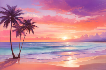 Artful Oasis: Painted Trees Bask in the Warmth of a Tropical Sunset. Generative ai
