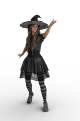  Pretty woman in whimsical Halloween witch costume reacing a hand up to the sky. Isolated 3D illustration.