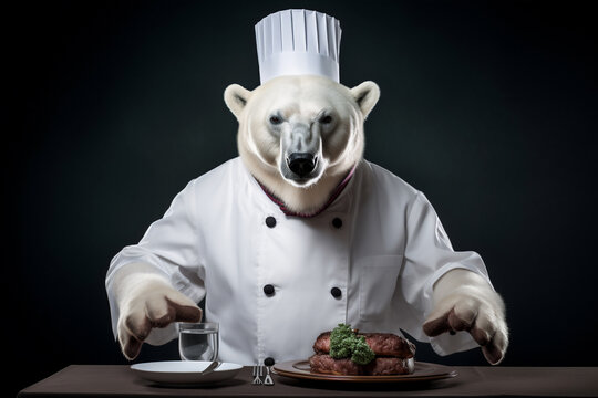 Polar bear chef with steak on plate on table.