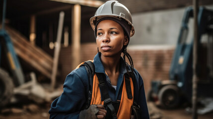 Generative AI image portrait of black female construction worker in overall helmet near site with building work and looking at camera