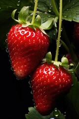 Fresh strawberries hanging on branch, AI Generated