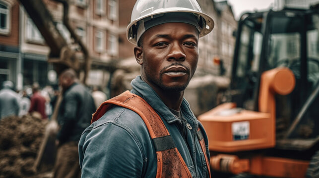 Generative AI image portrait of black male construction worker in overall helmet near site with building work and looking at camera