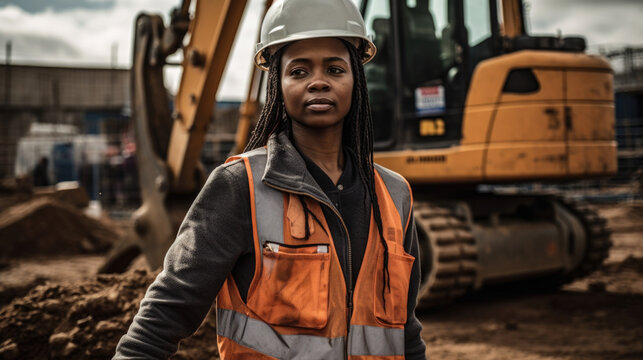 Generative AI image portrait of black female construction worker in overall helmet near site with building work and looking at camera
