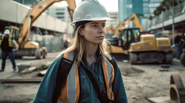Generative AI illustration of pensive adult female construction engineer in hardhat and vest looking away thoughtfully during work process