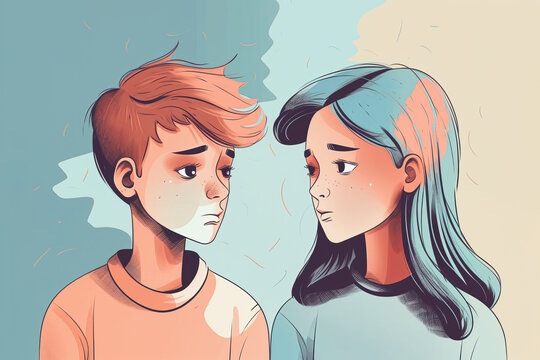 Generative AI illustration of cute cartoon boy and girl having quarrel and standing looking at each other