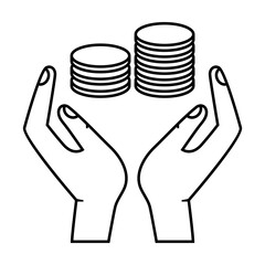 Simple outline of human hands with stacks of coins vector icon. Black line drawing or cartoon illustration of profit or savings symbol on white background. Business, investment, finances concept