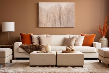Cozy modern colorful orange interior design of a living with bright warm colors and fluffy textiles, natural earthy tones, warm autumn vibe - Powered by Adobe