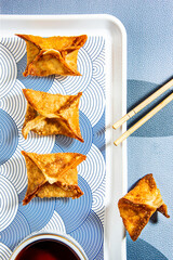 Fried wontons with soya sauce on a vibrant colorful background - 647763789
