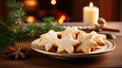 Fototapeta na wymiar Auf rustikalem Holztisch liegt ein Teller mit hausgemachten Weihnachtsplätzchen oder Anisplätzchen in Form von Sternen, dekoriert mit einer Kerze und frischen Tannenzweigen, Weihnachtsbäckerei