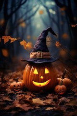halloween background with pumpkin ghost wearing witch hat and scary forest, generative ai - obrazy, fototapety, plakaty