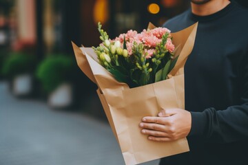 Delivery employee person courier man male hands holding groceries paper bags bouquet beautiful fresh flowers outdoors. Bearer fast safe ordering service deliveryman shopping online congratulation