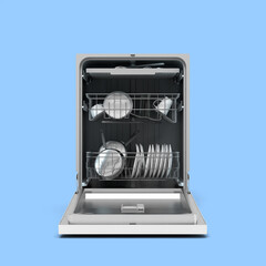 modern new open dishwasher frontview 3d render on blue