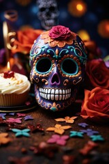 Dia De Los Muertos Celebration Background With sugar Skull, marigolds flowers, AI Generated