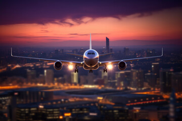 Close-up of a plane taking off from the airport. Background of night view of buildings. Holidays...