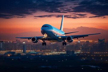 Close-up of a plane taking off from the airport. Background of night view of buildings. Holidays and vacation travel concept. - Powered by Adobe