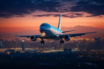 Fotobehang Close-up of a plane taking off from the airport. Background of night view of buildings. Holidays and vacation travel concept. © cwa