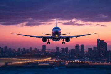 Close-up of a plane taking off from the airport. Background of night view of buildings. Holidays and vacation travel concept.