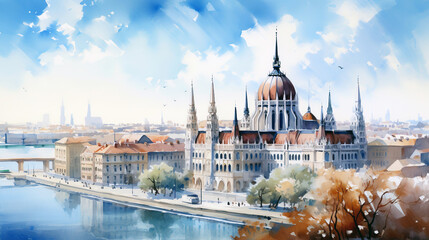 Naklejka premium hungarian parliament ,watercolor cityscape 