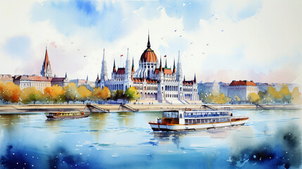 hungarian parliament building ,watercolor cityscape Budapest  - obrazy, fototapety, plakaty