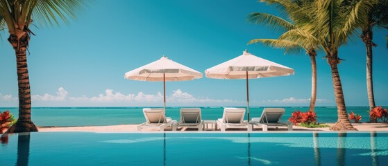 Luxurious swimming pool and loungers umbrellas near beach and sea with palm trees and blue sky, Generative AI