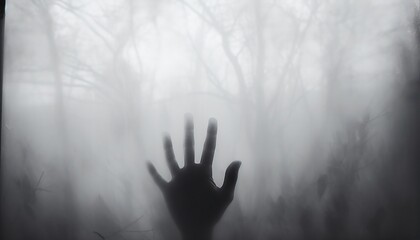 Silhouette of a hand on a glass window with blurred foggy forest background