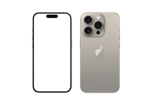 Antalya, Turkey - September 14, 2023: Newly released Natural Titanium iPhone 15 pro mockup set with back and front angles