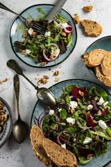 Fresh green salad, ruccola, different lettuce, cottage cheese or ,feta cheese, beetroot and seasoning with wholegrain bread - 647766164