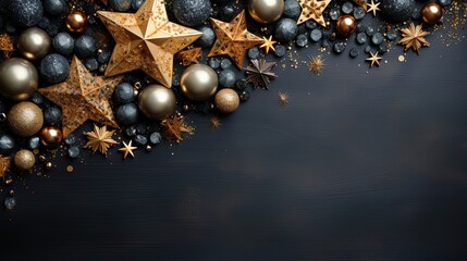 Naklejka premium New Years banner. Above view on a dark wood banner background. Copy space