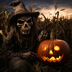 Skeleton Scarecrow in Pumpkin Patch