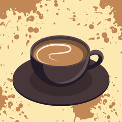 Vector illustration, black cup of coffee on a background with splashes and stains.
