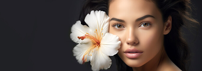 Abstract woman portrait with beautiful tropical flower on dark background. Advertising cosmetic products for beauty, eco cosmetics, natural skincare. Banner