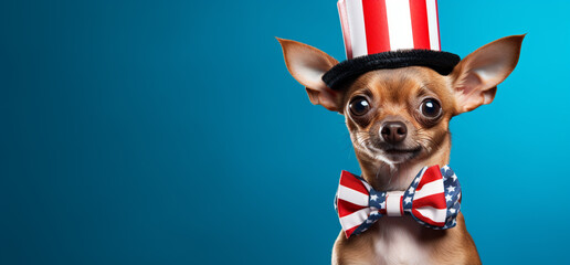 A dog wearing an American flag hat and bow tie on a blue background