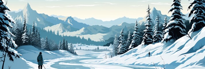 Winter landscape with snow covered mountains and a man walking along a path, AI