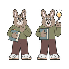 Thinking rabbit, rabbit with idea. Isolated cartoon illustration set.