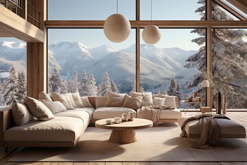 A Scandinavian-inspired living room with clean lines, light wood furniture, and large windows showcasing a view of snow-covered mountains.