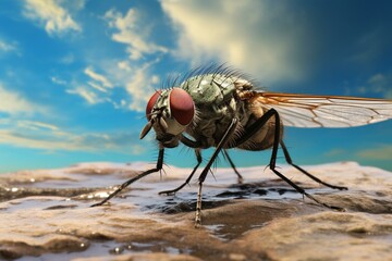 Close-up of a common housefly on a surface. Generative AI