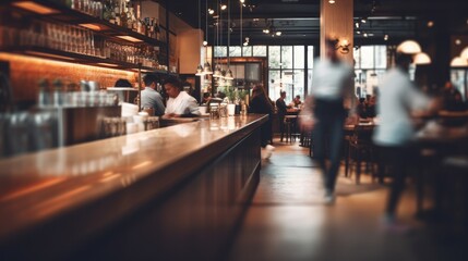 Blur coffee shop or cafe restaurant, Blurred restaurant background with some people and chefs and waiters working, Generative A
