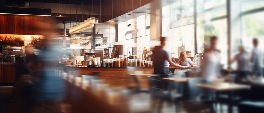 Blur coffee shop or cafe restaurant, Blurred restaurant background with some people and chefs and waiters working, Generative A