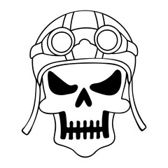 Scary skull in retro motorcycle helmet line art. Hand drawn doodle illustration.