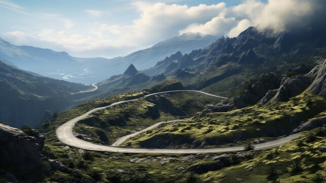 a mountain pass with a winding road. 