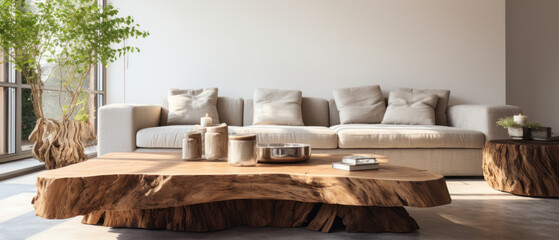edge tree stump accent coffee table with big couch in room, Minimalist home interior design. - obrazy, fototapety, plakaty