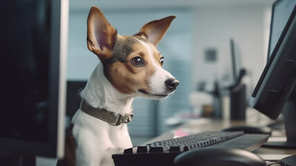 A dog using a computer or laptop in an office conference room for a business meeting or interview. with coworkers or clients discussing a project. Created using Generative AI.	
